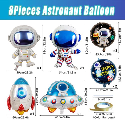 Space Balloons - 33 Inch Astronaut Foil Balloons, Mylar Airship Planet Rocket Galaxy Balloons, Outer Space Theme Birthday Decorations - Pack of 8