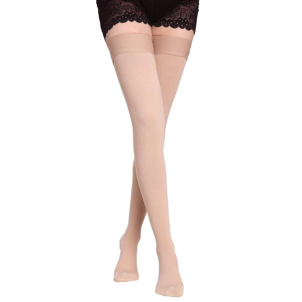 PPXGOGO Thigh High Compression Socks Men & Women, Firm Support 20-30 mmHg Gradient Compression with Silicone Band, Closed Toe Compression Stockings for Medical, Edema, Varicose Veins.(close nude XXL)