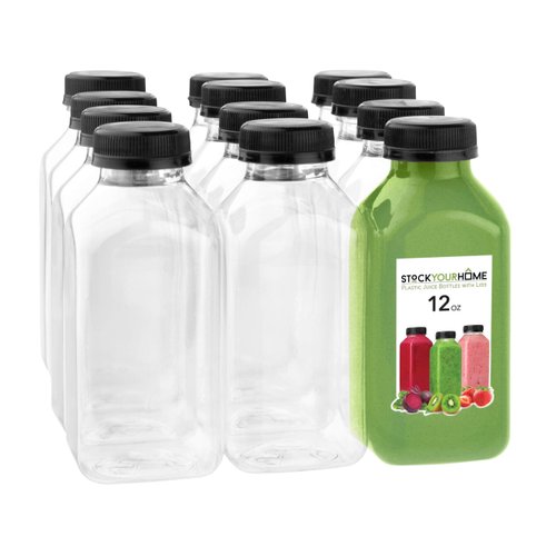 12 oz Juice Bottles with Caps for Juicing (12 pack) - Reusable Clear Empty Plastic Water Bottles - Drink Containers for Mini Fridge, Juicer Shots Includes Labels, Brush & Funnel