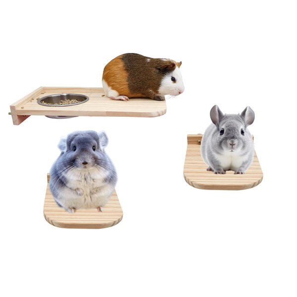 Chinchilla Wooden Platform Set with Feeding Bowl, Wooden Guinea Pig Cage Platform, Small Animals Perch Stand Board, Cage Accessories for Hamster Rats Squirrel Gerbil Birds Parrots Parakeets Guinea Pig