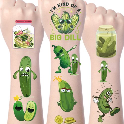 Wxiben Pickle Temporary Tattoos Decorations - 200+ Funny Pickle Temporary Tattoos Stickers Pickle Themed Birthday Party Decorations Supplies Favors for Kids Green Fruit Vegetable Tattoos