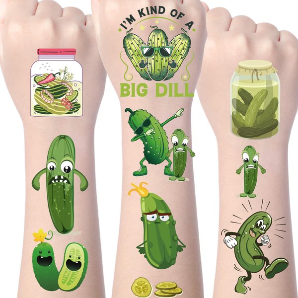 Wxiben Pickle Temporary Tattoos Decorations - 200+ Funny Pickle Temporary Tattoos Stickers Pickle Themed Birthday Party Decorations Supplies Favors for Kids Green Fruit Vegetable Tattoos