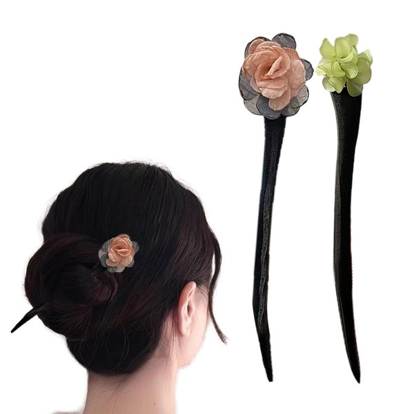 2 Pcs Hair Sticks for Buns,Wooden hair Chopsticks for Women-Handmade Peach Blossom,Hair Accessories (Pink green (2 Pcs))