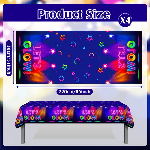 Tegeme 4 Pieces Glow Tablecloth 86 x 51 Inch Glow in The Dark Tablecloth Disposable Tablecloths for Glow Theme Neon Party Black Light Party Supplies