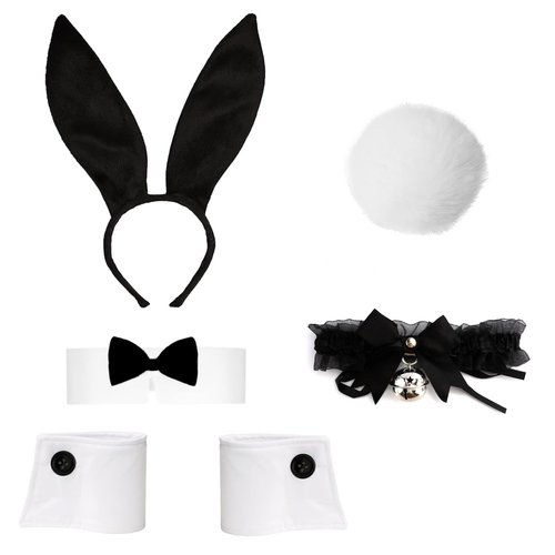 Bunny Costumes Set for Women, Rabbit Ear Headband, Bow Tie, Pom-Pom Tail, Bell Lace Neckline Knot Kit for Halloween Christmas Easter Party, Pink