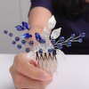Teyglen Silver Leaf Headpiece Royal Blue Crystal Wedding Hair Comb Pearl Rhinestone Hair Piece for Bridal Wedding Hair Accessories for Women (Blue)