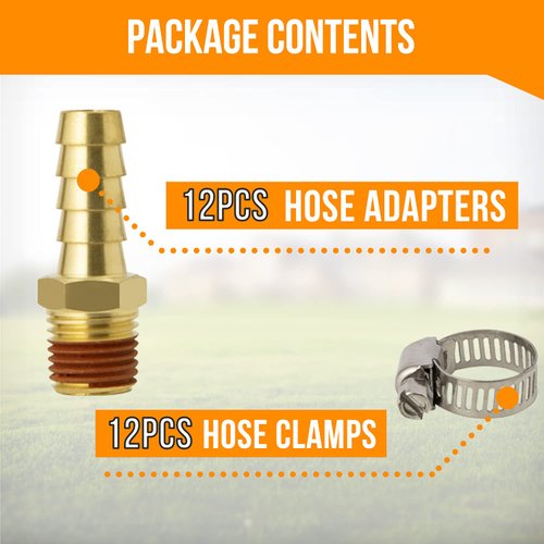 SUNGATOR 12-Pack Air Hose Fittings, 3/8" Barb to 1/4" NPT Air Hose Repair Kit with Sealant, 3/8" Barb to 1/4" NPT Air Hose Barb Fitting, Brass Barbed Air Hose Repair Connector with 12 Pcs Hose Clamp