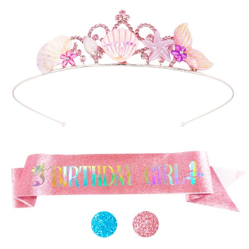 Didder Pink Mermaid Birthday Sash and Crown Party Outfit for Girls, Mermaid Theme Birthday Party Decorations Gifts for Little Girls