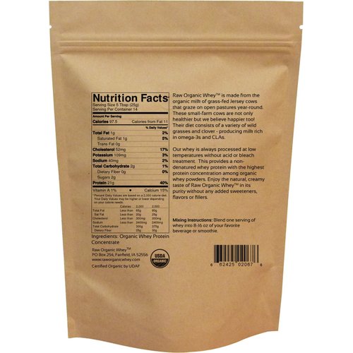 Raw Organic Whey - USDA Certified Organic Whey Protein Powder, Happy Healthy Cows, COLD PROCESSED Undenatured 100% Grass Fed + NON-GMO + rBGH Free + Gluten Free, Unflavored, Unsweetened (12 OZ)