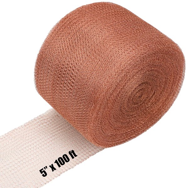 Therwen 5 Inches x 100 ft Copper Mesh Knitted Copper Fabric Hole Filler Sturdy and Stretchy Copper Mesh Roll for Distilling Double Layer Wire Mesh for Garden and House Usage