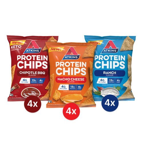 Atkins Protein Chips Variety Pack, 4g Net Carbs, 13g Protein, Gluten Free, Low Glycemic, Keto Friendly, 12 Count