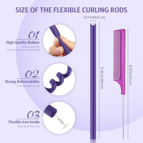 60 Pieces Flexi Rods Flexible Curling Rods Hair Curlers Rollers Twist Flexi Rods Hair Curlers Set No Heat Hair Rods Rollers Flexible Rods for Long Short Hair Women Girls (Purple, 0.3 x 9.5 Inch)