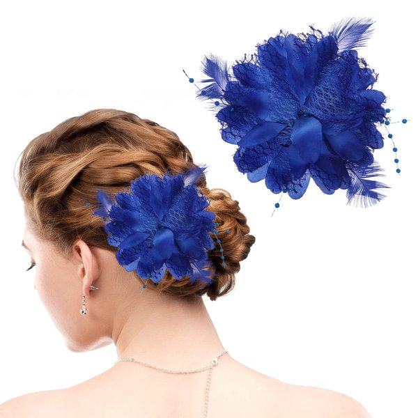 WLLHYF Blue Ladies Feather Flower Hair Clip Elegant Hat Flower Mesh Ribbons Brooch Pin Hair Accessory Fascinator Headwear Floral Corsage for Women and Girls Valentine's Day Birthday Wedding Party