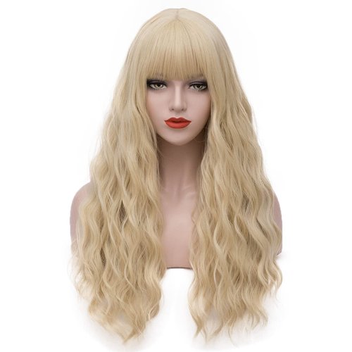 Juziviee Long Blonde Wigs for Women Curly Wavy Hair Wig with Bangs Cute Natural Soft Hair with Wig Caps Colored Synthetic Full Wigs for Daily Party JZ013GD