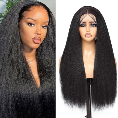 HANSAMU 24 Inch 13x4x1 Kinky Straight Lace Front Long Human Hair Wigs for Women Glueless Lace Wigs,Synthetic Yaki Straight Lace Front Wig Heat Resistant Natural Black With Baby Hair
