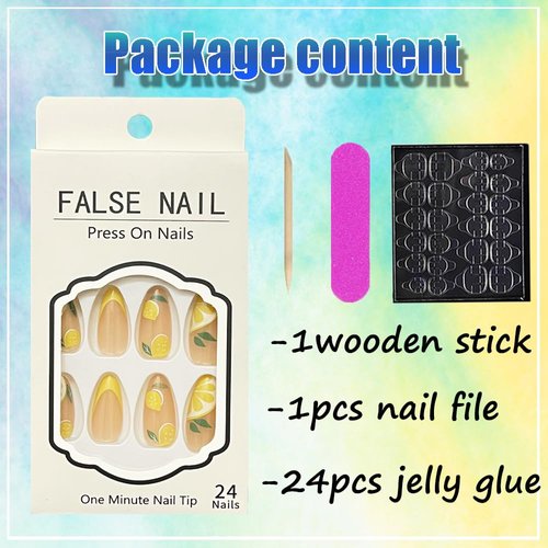 Summer Press on Nails Medium Almond Fake Nails Lemon False Nails Full Cover Acrylic Nails Artific...