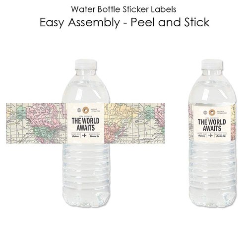 World Awaits - Travel Themed Party Water Bottle Sticker Labels - Set of 20