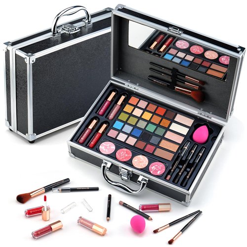 Makeup Kit For Women,All in One Makeup Gift Set for Girls in Cosmetic Train Case (Black) With Mirror,Full Starter Cosmetic Kit Includes Eyeshadow Palette,Lipgloss,Blushes