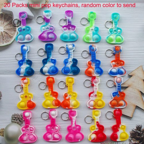 20 Packs Rainbow Bulk Music Mini Pop Guitar Bubble Fidget Keychain Gift for Holiday Kids Boys Girls Beach Party Favors and Classroom Student Prize