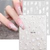 White Flower Nail Art Stickers Decals 5D Embossed Floral Petal with Pearls Rhinestone Nail Design Stickers White Magnolia Flowers Nail Decals Self Adhesive Camellia Flower Stickers for Nail Art 6Pcs
