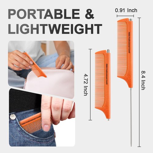 Jurrissa Rat Tail Combs for Parting,Protable Retractable Rat Tail Comb-Parting Combs for Hair Stylist-Fine Tooth Teasing Comb Stainless Steel Pin Tail Anti Static Heat Resistant (Orange)