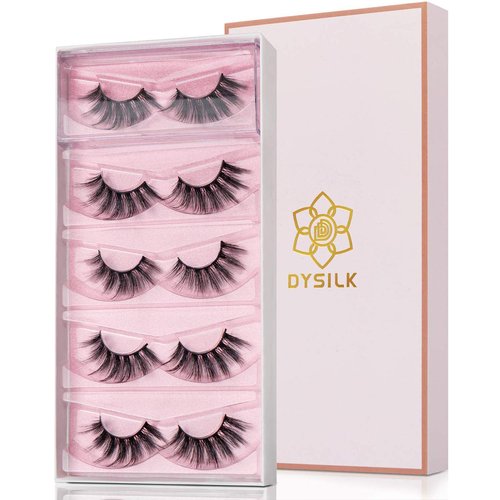 DYSILK False Eyelashes Mink - Strip Lashes 5 Pairs 6D Faux Eyelash Wispy Lashes Cat Eye Fake Eyelashes Natural Look Fluffy Lash Reusable Lash Extension Kit | 004-16.7mm