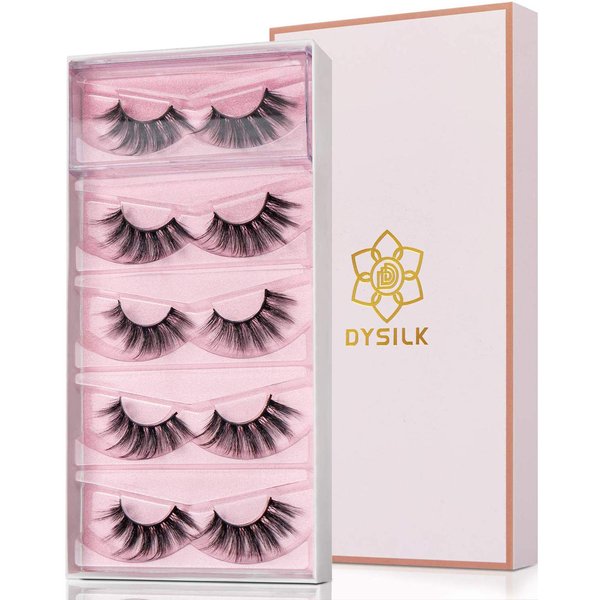 DYSILK False Eyelashes Mink - Strip Lashes 5 Pairs 6D Faux Eyelash Wispy Lashes Cat Eye Fake Eyelashes Natural Look Fluffy Lash Reusable Lash Extension Kit | 004-16.7mm