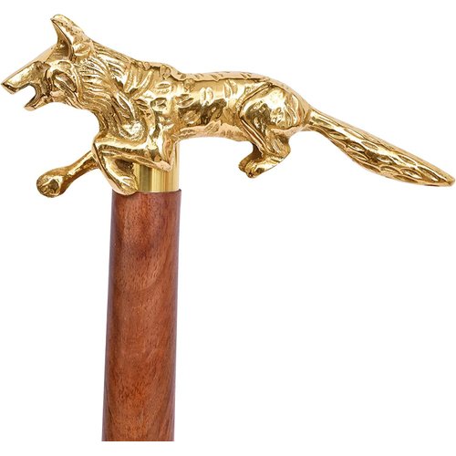 Waziha Nautical Brass Fox Handle Walking Stick Cane Shaft Wood Cane Handle Vintage Stick Three FOLD Shaft Men & Women Useing for Party Wear & Decorative Gifts, gold, 37''