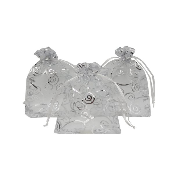 Ankirol 100pcs Sheer Organza Favor Bags For Wedding Baby Shower Rattan Print Gift Bags Samples Display Drawstring Pouches (3x4, silver)