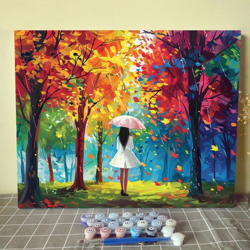 Girl in White Dress Oil Paint by Numbers for Adults Tropical Autumn Forest DIY Paint by Numbers Acrylic Canvas Bedroom Decor Fashion Woman Painting Kits Art Craft 20x16 Inch Boho Gift（DIY Frame ）