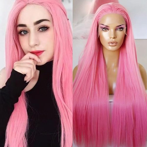COCOFANS Pink Lace Front Wigs for Women Girls Long Silky Straight Synthetic Lace Wig Glueless Nat...