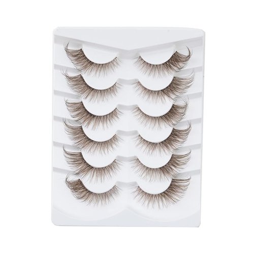 Brown Lashes, Natural False Eyelashes Extensions, 8D Faux Wispy Mink Brown Lash, Long Thick Fox Cat Eye Lashes Full Curly Eyelash, D Curl Salon Anime Fake Extensions Strip Pack for Beginner 6 Pairs
