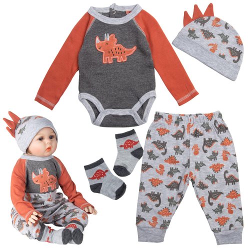 Reborn Baby Dolls Clothes 22 inch Boy Doll Outfits Dinosaur 4 pcs Set for 20-22 inch Newborn Baby Doll Clothing