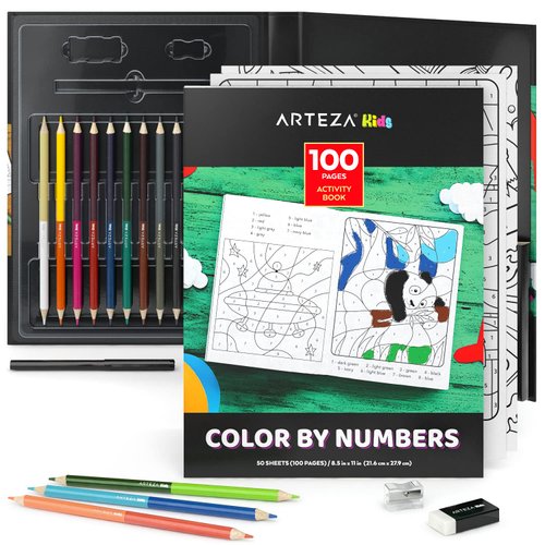 Arteza Kids Activity Book, Color by Numbers Coloring Book, 8.5 x 11 Inches, School Supplies for Ages 6 and Up, 50 Sheets, 12 Double-Ended Colored Pencils, Black Marker, Eraser, Sharpener