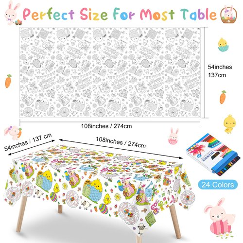 Faccito Easter Coloring Tablecloth 108 x 54 Inch Easter Bunny Egg Coloring Poster with 24 Crayons Easter Giant Paper Table Cover for Easter Holiday Party Favors School Family Activities