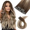FUBILI Clip in Real Hair Extensions Brown Balayage Clip on Hair Extensons 22 Inch Long Natural Hair Extensions Double Weft30g