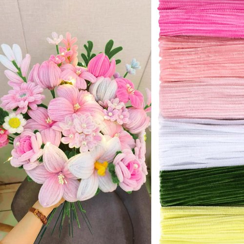 Peryiter 500 Pieces Pipe Cleaners Chenille Stems 12 Inch Craft Supplies Bulk for DIY Art and Craft Projects Creative Gift Wrapping Party Decorations(Pink Flower)