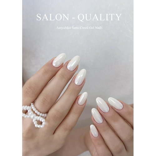 AutyaMee Semi Cured Gel Nail Strips (White Pearl glazed)-20 PCS Chrome Gel Nail Stickers | UV Light Required | Gel Nail Wraps, Salon Quality & Easy To Use