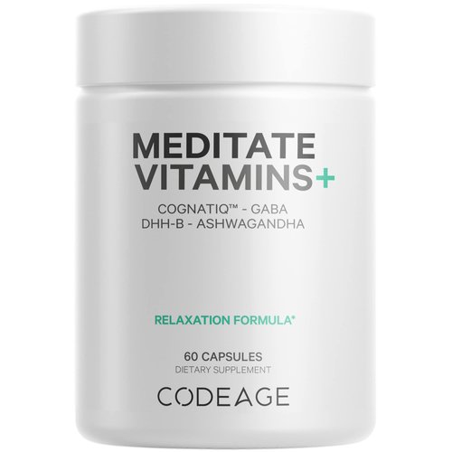 Codeage Meditate Vitamins Supplement - GABA, DHH-B, CognatiQ, Ashwagandha, Organic Mushrooms - Mind Vitamins Relaxation Calmness Support - Vegan - Non-GMO - 60 Capsules