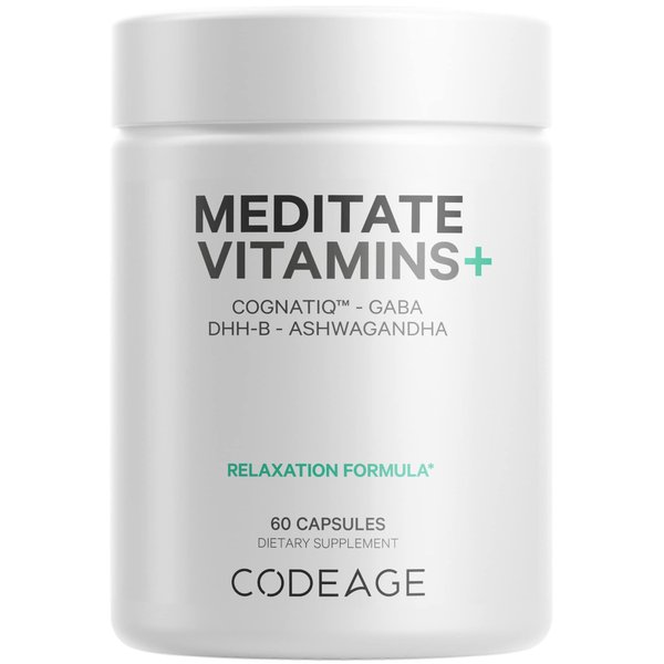 Codeage Meditate Vitamins Supplement - GABA, DHH-B, CognatiQ, Ashwagandha, Organic Mushrooms - Mind Vitamins Relaxation Calmness Support - Vegan - Non-GMO - 60 Capsules