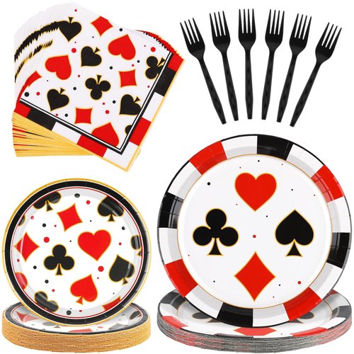 durony 96 Pieces Casino Theme Party Supplies Casino Paper Plates and Napkins Disposable Casino Party Plates Forks Poker Club Las Vegas Birthday Party Decorations, Serve 24 Guests