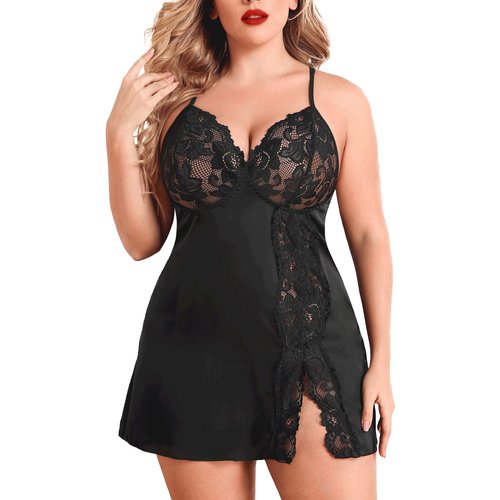 Avidlove Black Lingerie Sexy Plus Size Lingerie For Women Lace Babydoll Satin Nightgown Sleepwear