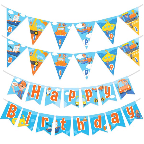 Treasures Gifted Blippi Birthday Banner & Pennants Set - Official Licenced Party Decorations - 12x120in Banner & 2 Triangle Pennants