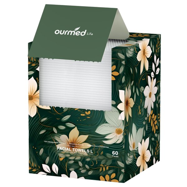 Ourmed Life Disposable Face Towels, Clean Facial Wash Cloth without Lint, Biodegradable Cleansing Dry Wipes, Skincare and Makeup Remover Towels for Sensitive Skin (Unscented, 60 Count, Pack of 1)