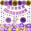 Ouddy Party Purple Birthday Decorations for Women Girls Butterfly Hanging Garland Happy Birthday and Circle Dots Banner Purple Gold Balloons Paper Flowers Cake Toppers for Birthday Party Supplies