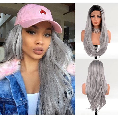 EALGA Ombre Black Grey Lace Front Wigs for Women Silver Grey Hair Wigs Long Natural Wavy Hair Wigs with Middle Part 22 inch Best Affordable Wig EALGA-014
