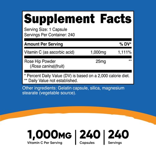 Nutricost Vitamin C with Rose HIPS 1025mg, 240 Capsules - Vitamin C 1,000mg, Rose HIPS 25mg, Premium, Non-GMO, Gluten Free Supplement