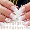 White Gradient Short Square Press on Nails with Flower Leaves Design, Glossy Nude False Nails Gel Glue on Nails, Ombre Manicure Art Fake Nails Stick on Nails for Coquette Women Girls