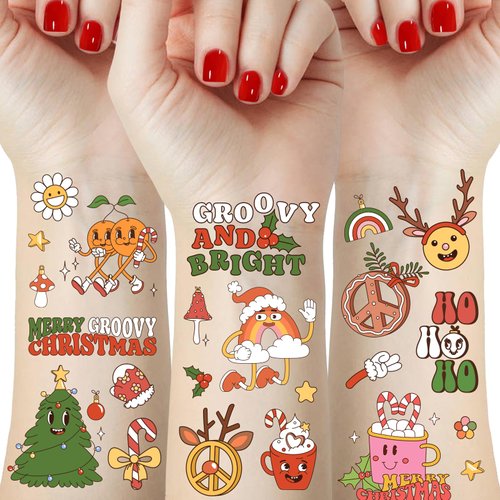 50 Pieces Retro Christmas Temporary Tattoos for Kids Adult, 70’s Groovy Hippie Christmas Tree Santa Claus Waterproof Xmas Tattoo Stickers Holiday Birthday Party Favors Decorations