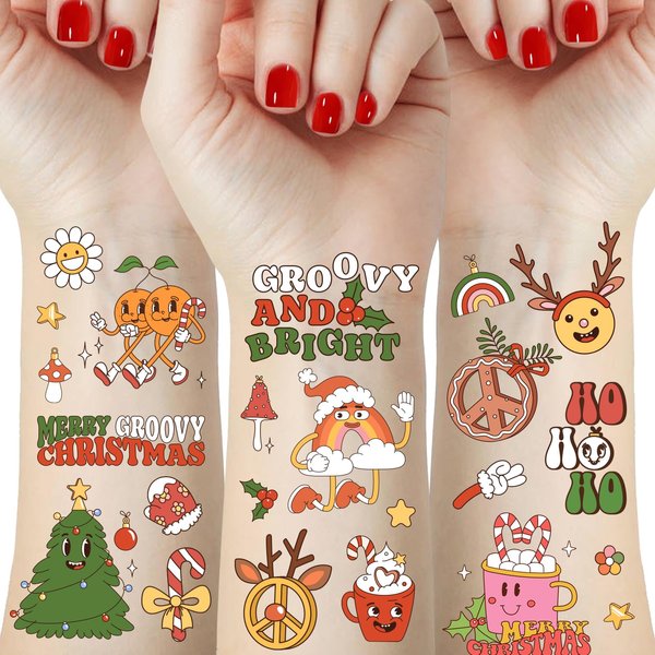 50 Pieces Retro Christmas Temporary Tattoos for Kids Adult, 70’s Groovy Hippie Christmas Tree Santa Claus Waterproof Xmas Tattoo Stickers Holiday Birthday Party Favors Decorations